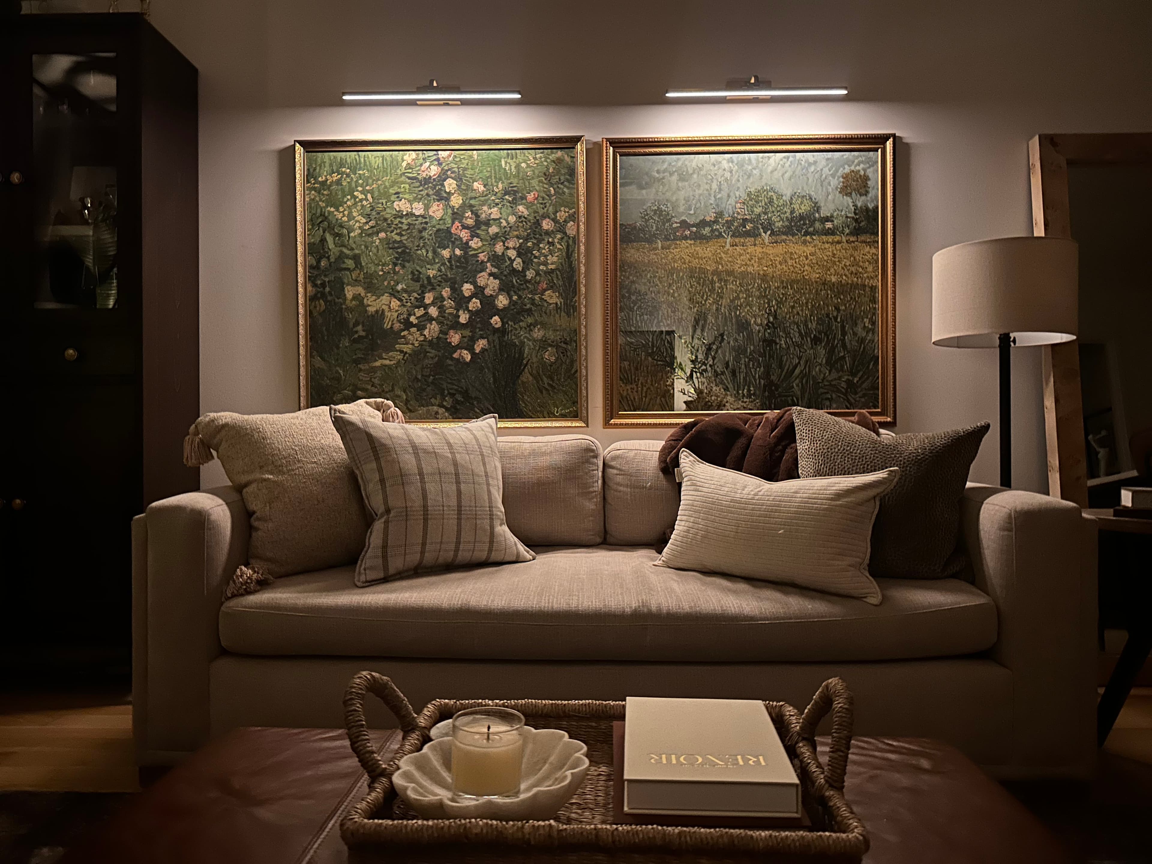 Hutch with barware, Bird of Paradise plant, and nighttime lighting