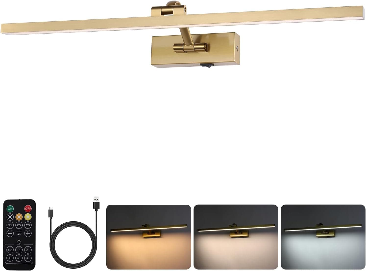 Wireless Picture Lights for Wall Battery Operated, Brass Art Lighting for Paintings Rechargeable Gallery lights with Remote and Timer 3CCT Dimmable Painting Lights for Artwork Portrait 23.6 inch