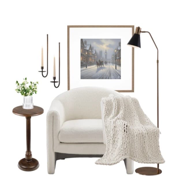 cozy reading nook vignette with tone-on-tone textures